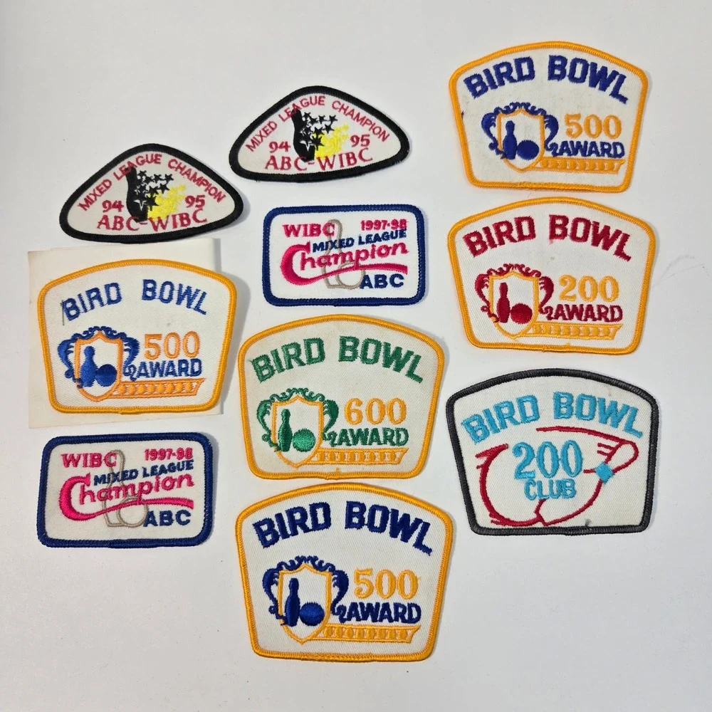 Vintage Bowling Patch Lot Bird Bowl 200 500 600 Award WIBC Champion Mixed League